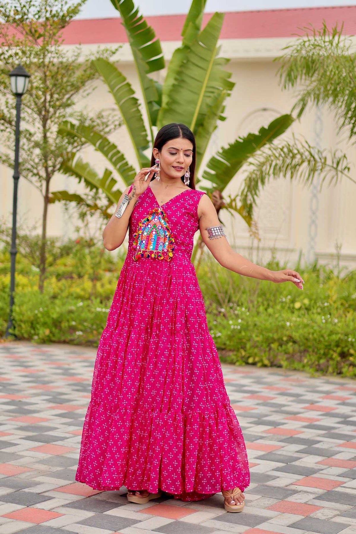 Faux Georgette Embroidery Gown in Rani