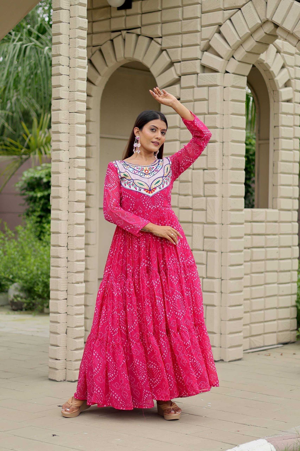 Faux Georgette Embroidery Gown in Purple