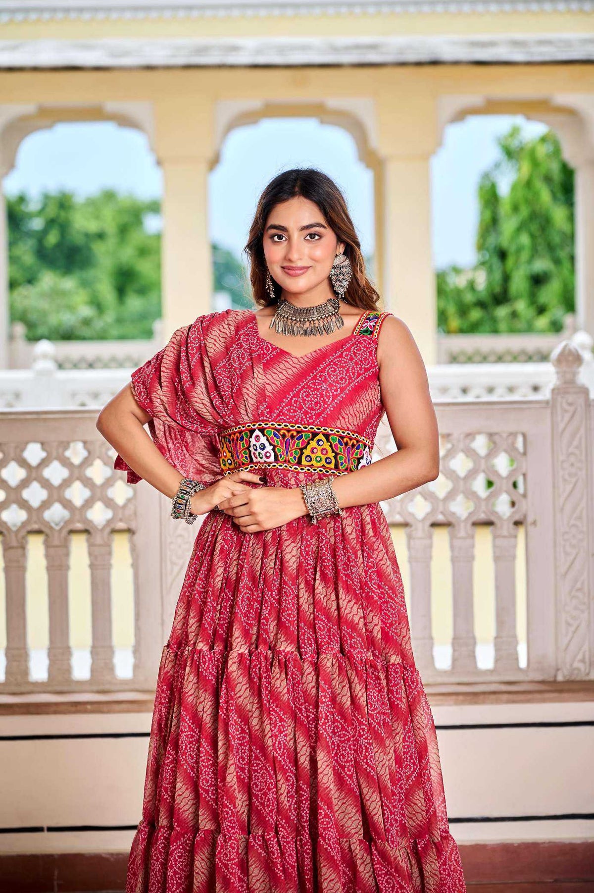 Faux Georgette Printed Gown in Brown