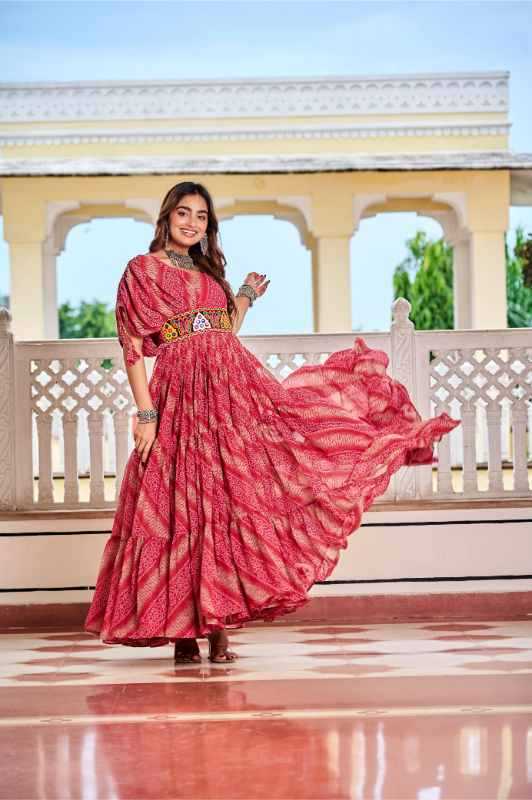 Faux Georgette Printed Gown in Pink