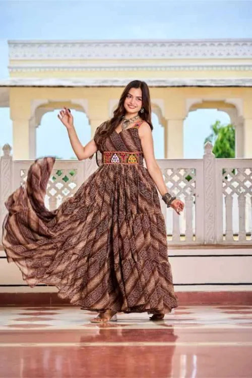 Faux Georgette Printed Gown in Pink