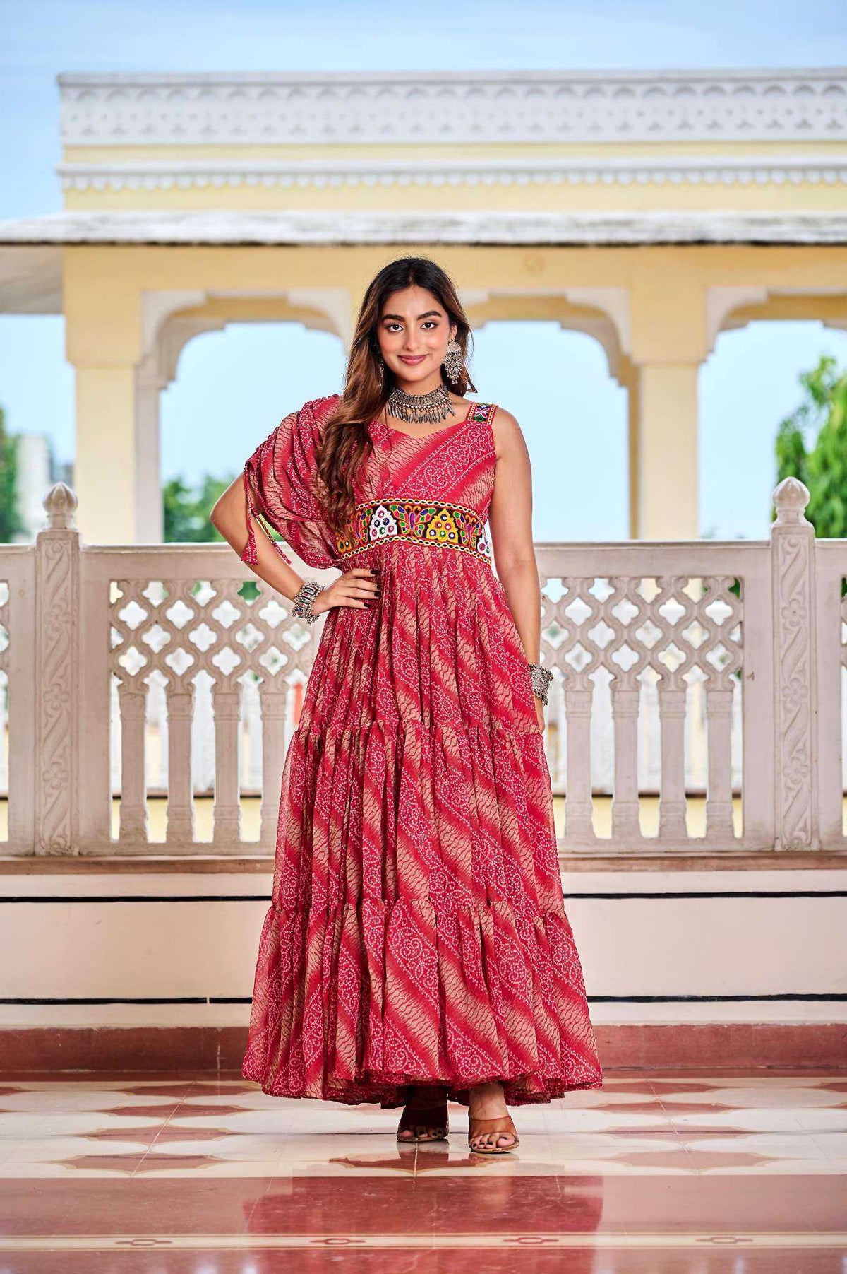 Faux Georgette Printed Gown in Brown