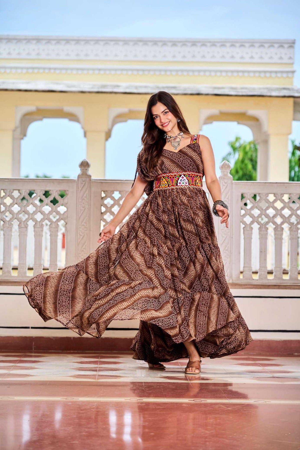 Faux Georgette Printed Gown in Brown