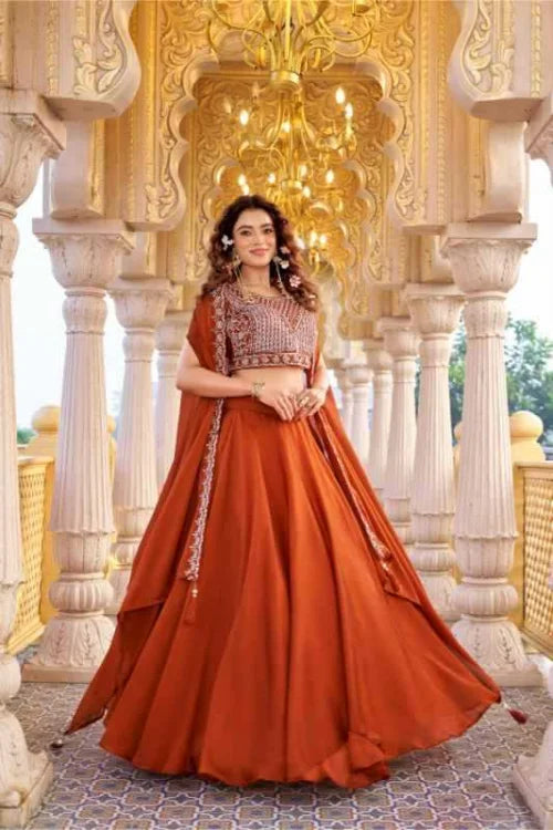 Rangoli Silk Embroidered Lehenga in Orange