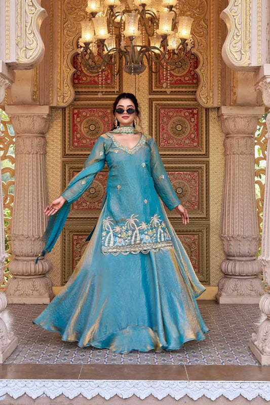 Fancy Embroidered Lehenga in Sky