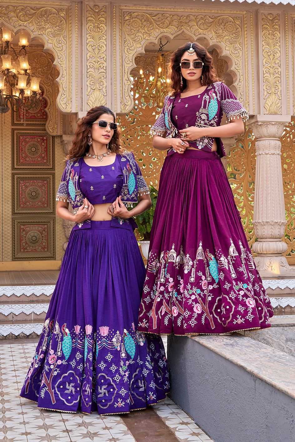 Soft Vichitra Embroidered Lehenga in Dark Wine