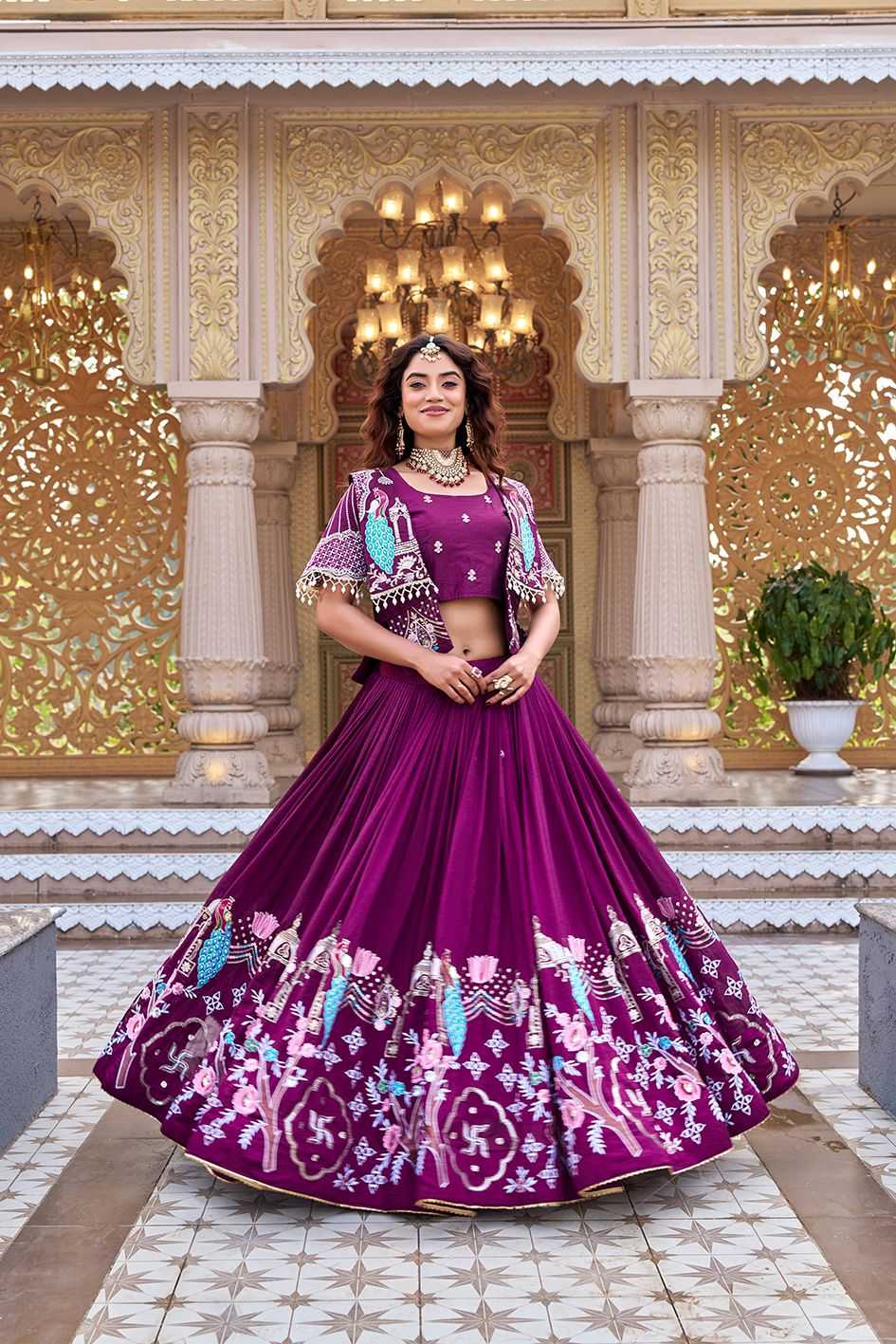 Soft Vichitra Embroidered Lehenga in Dark Wine