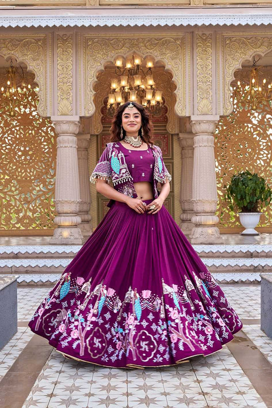 Soft Vichitra Embroidered Lehenga in Dark Wine