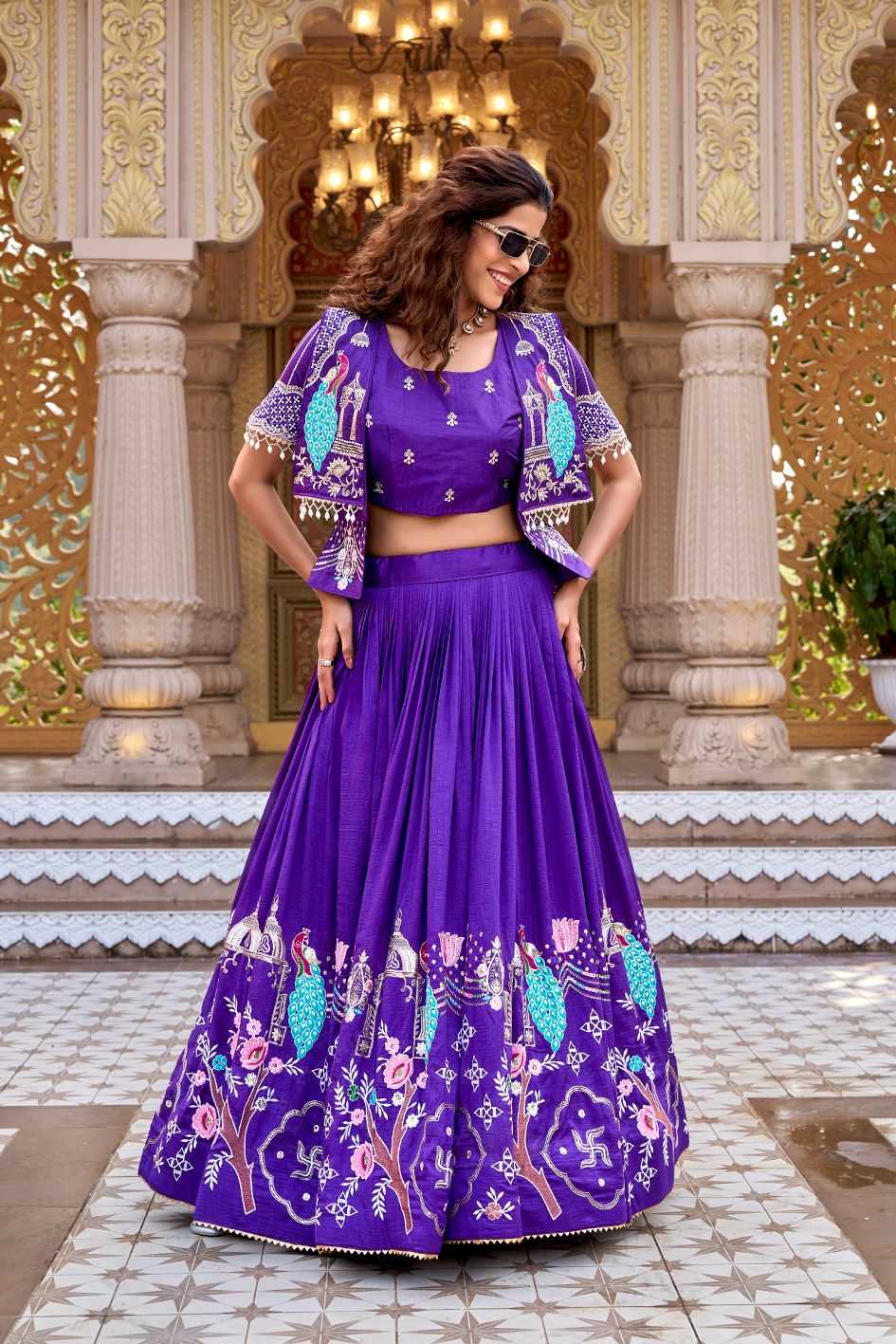 Soft Vichitra Embroidered Lehenga in Dark Wine