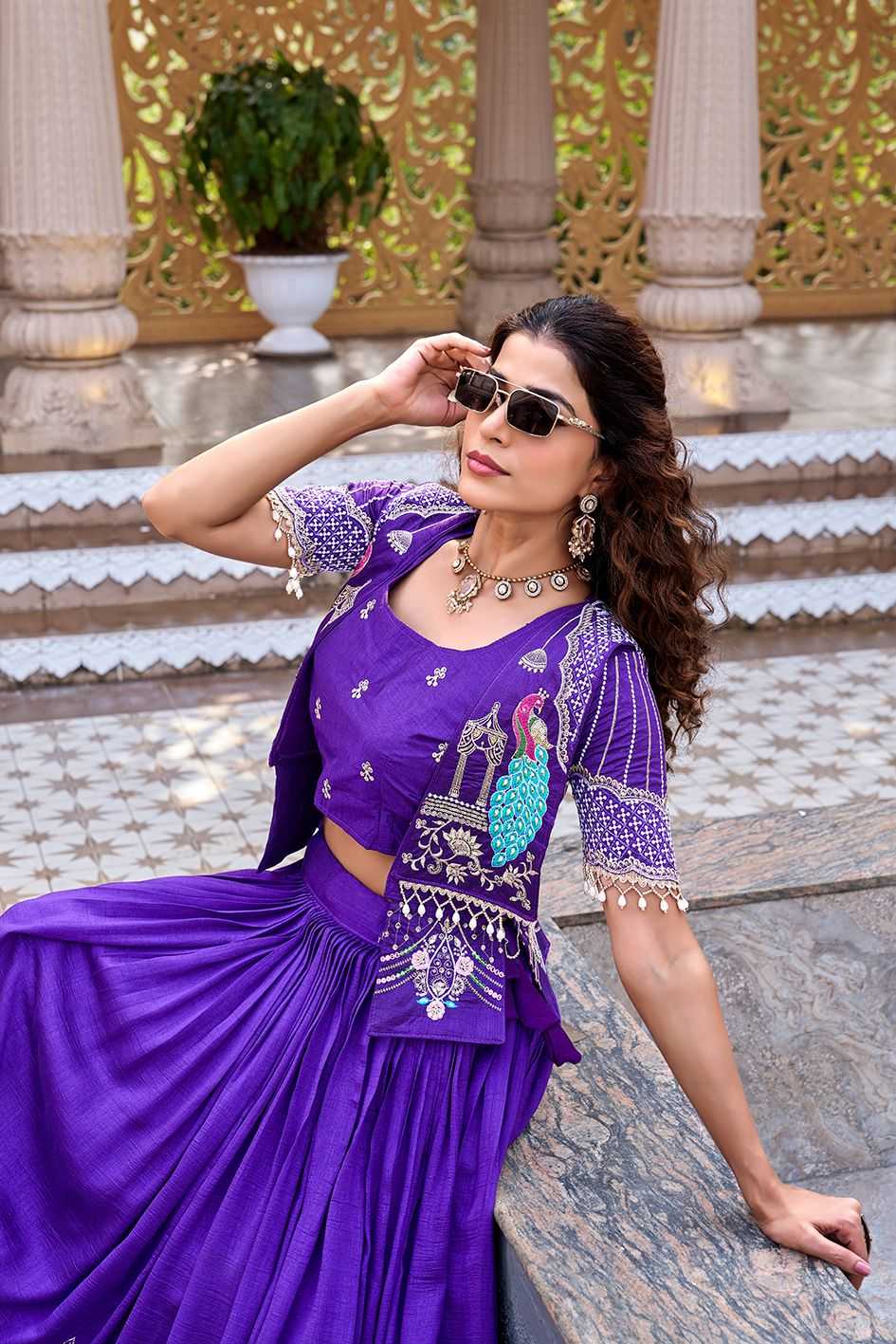 Soft Vichitra Embroidered Lehenga in Dark Wine