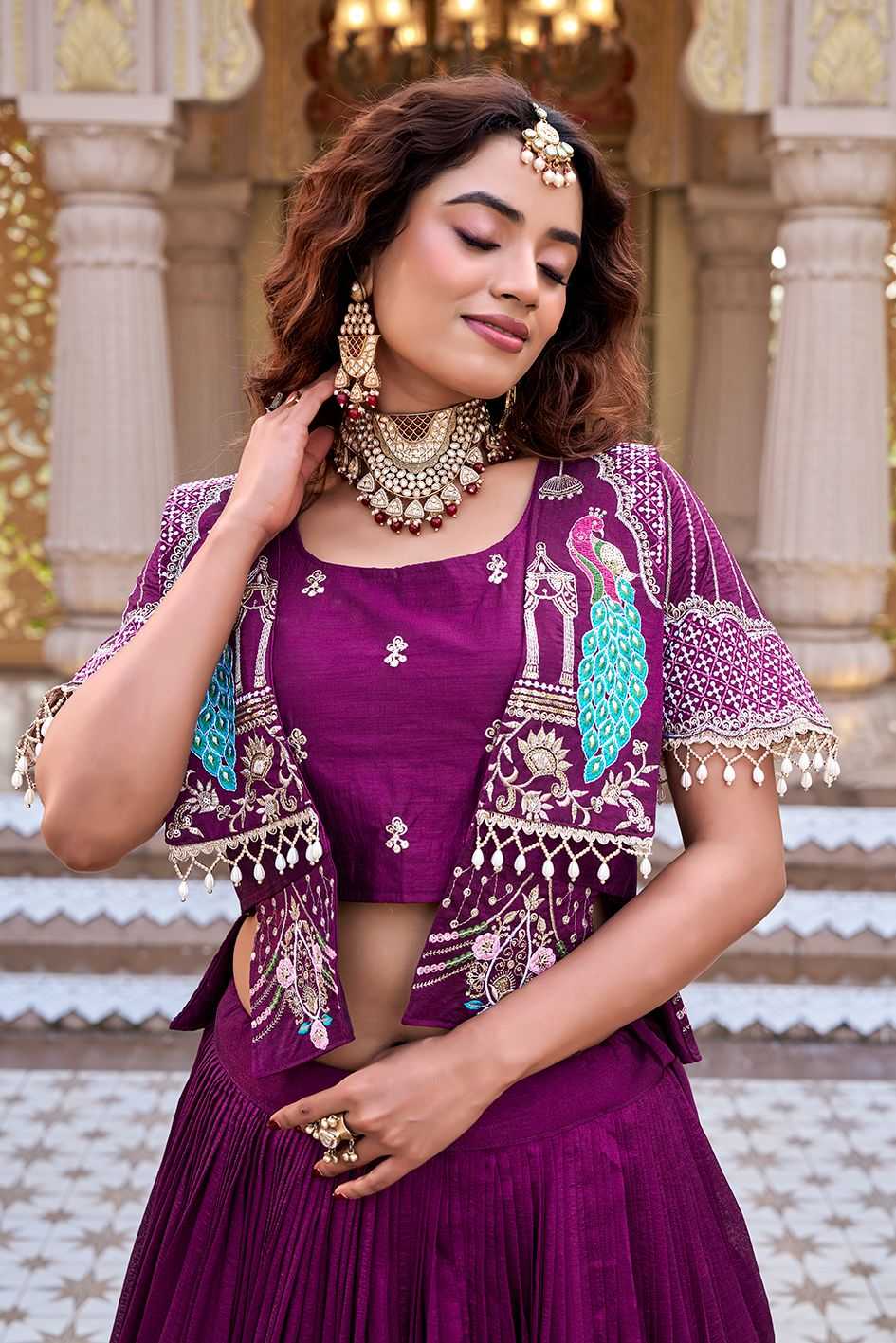 Soft Vichitra Embroidered Lehenga in Dark Wine