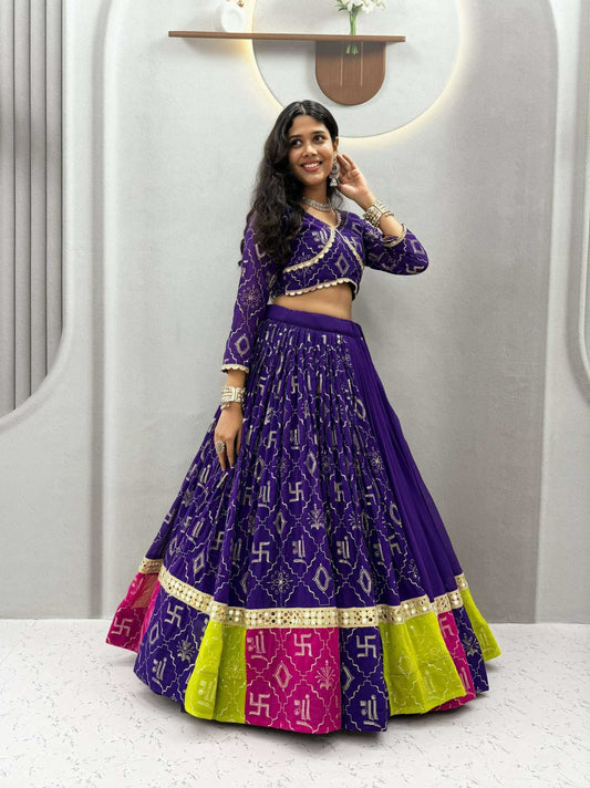 Faux Georgette Embroidered Lehenga in Violet