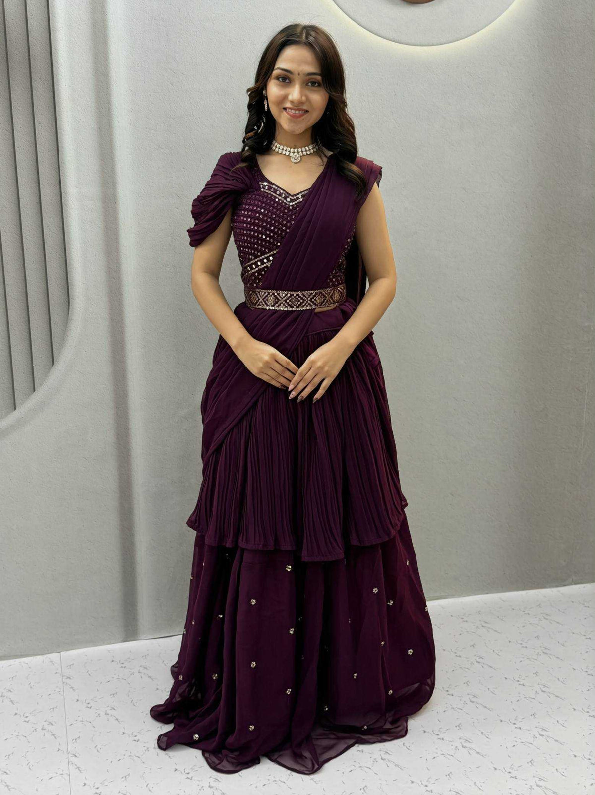Faux Georgette Lehenga in Dark Wine
