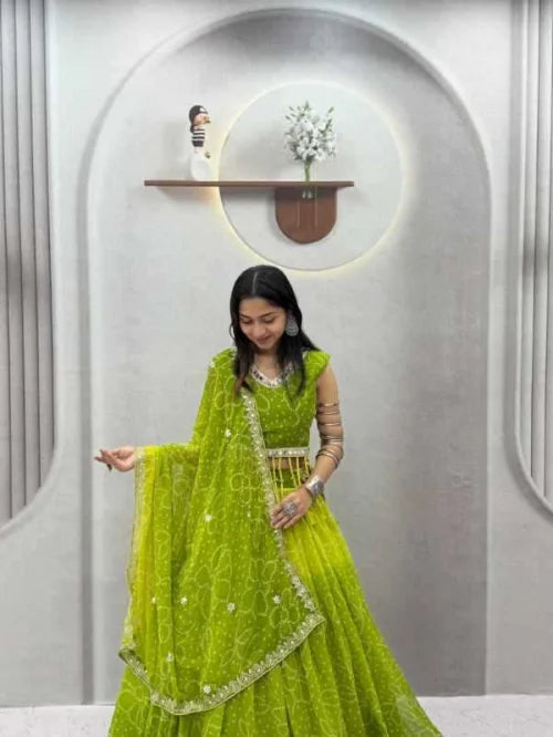 Faux Georgette Printed Lehenga in Green