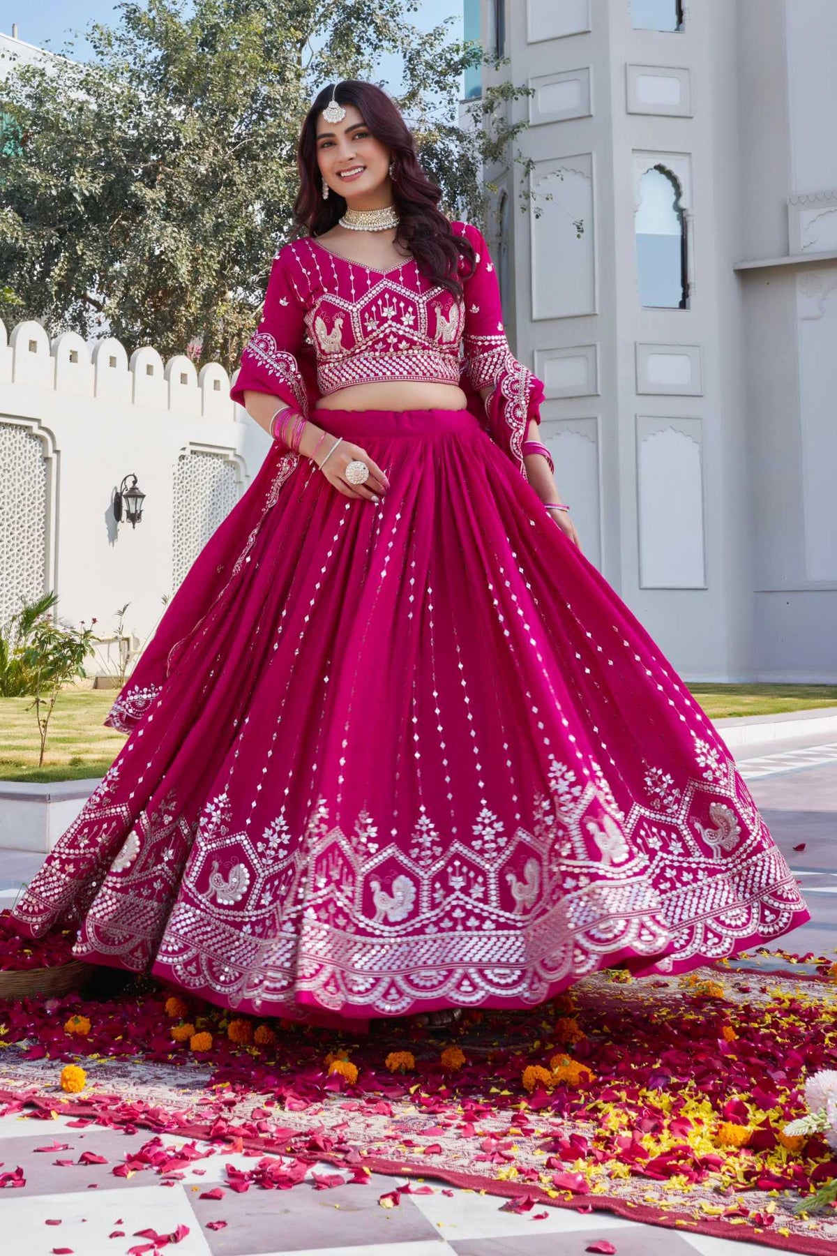 Vichitra Silk Lehenga in Peacock Blue