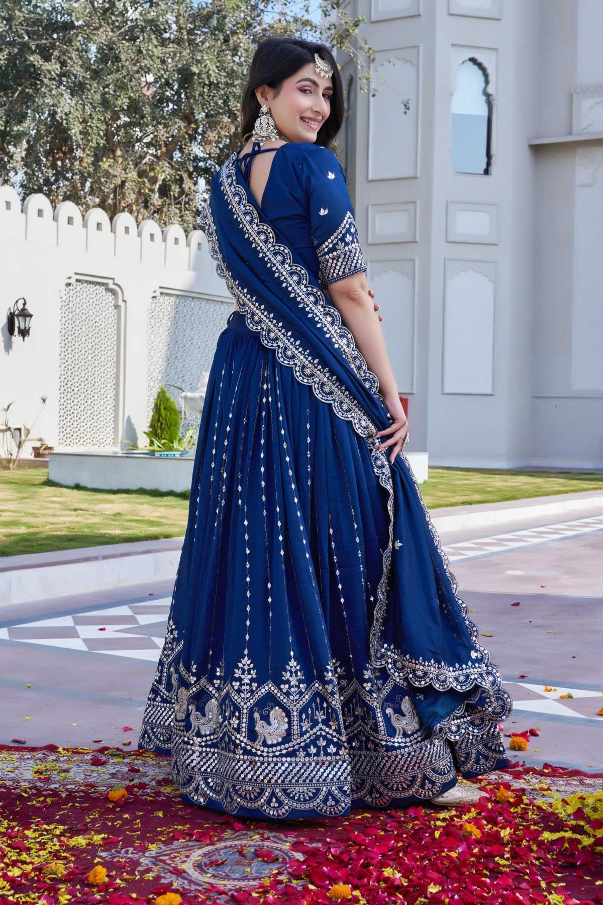 Vichitra Silk Lehenga in Peacock Blue