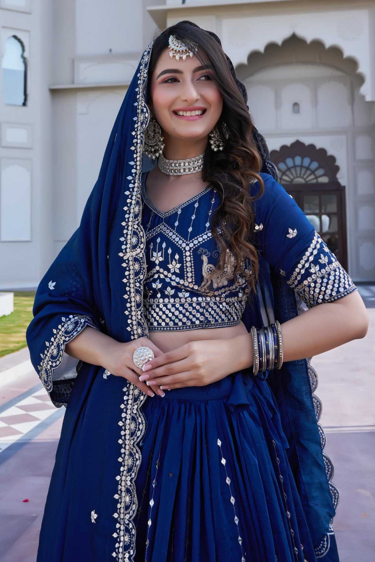 Vichitra Silk Lehenga in Peacock Blue