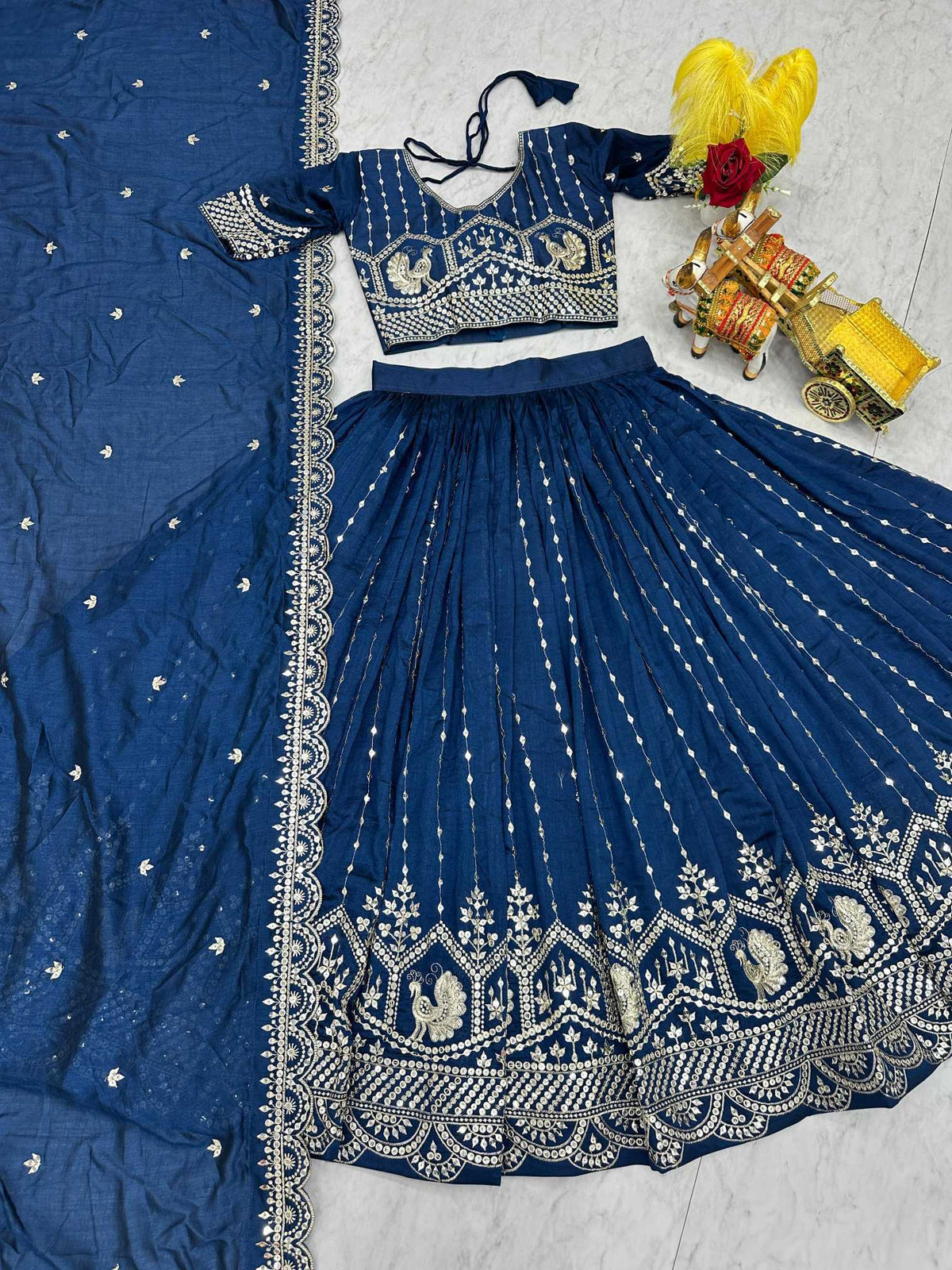 Vichitra Silk Lehenga in Peacock Blue
