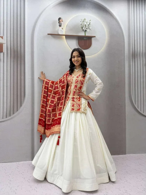 Chinon Silk Designer Lehenga in White