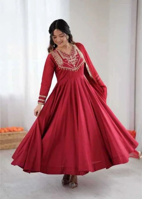 Heavy Roman Silk Anarkali Gown in Red