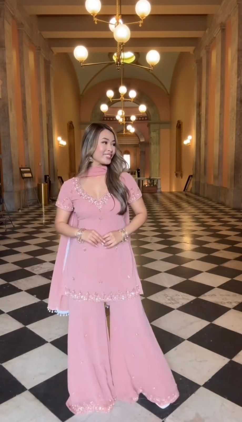 Faux Georgette Sharara Salwar Suit in Light Pink