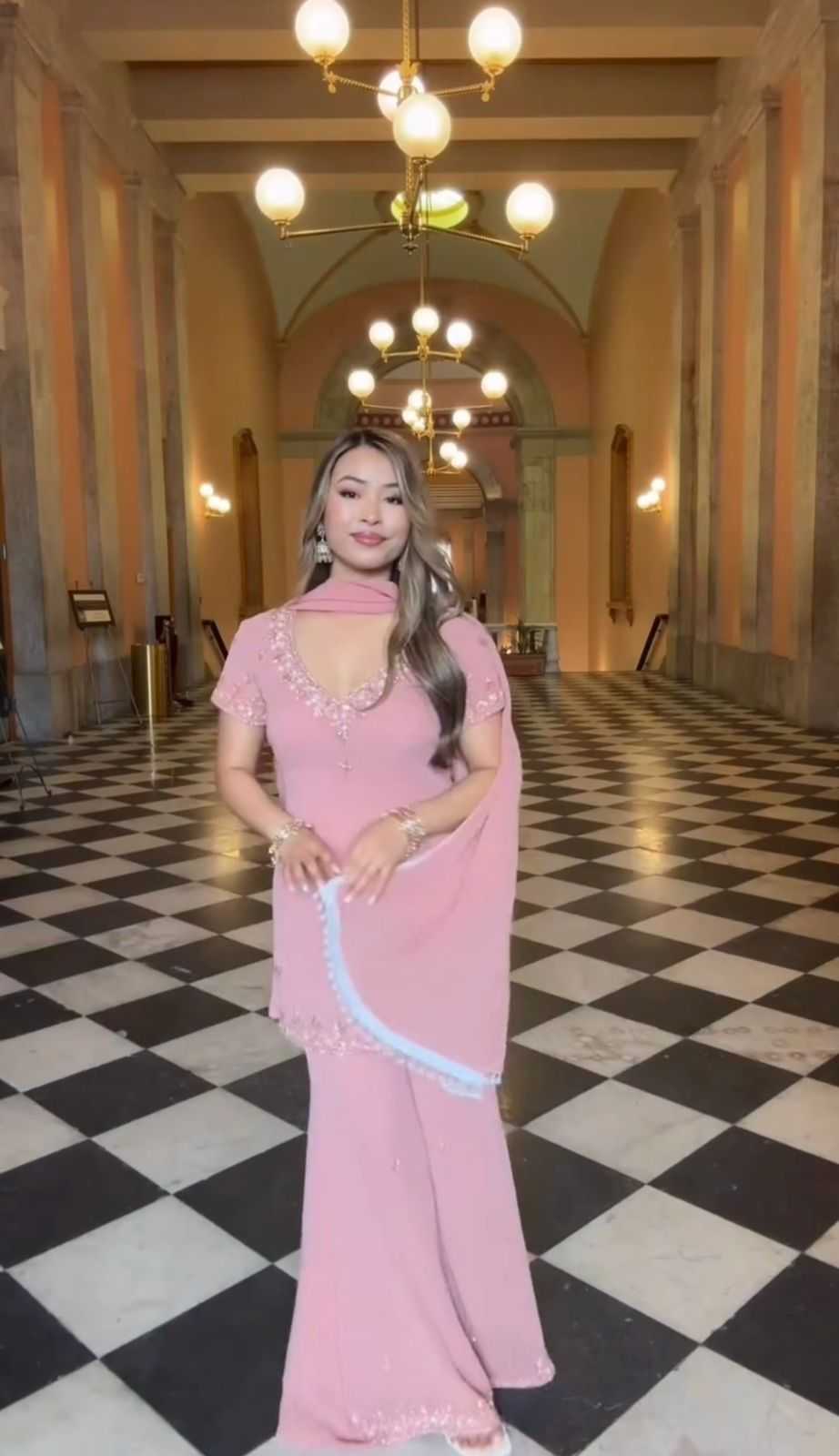 Faux Georgette Sharara Salwar Suit in Light Pink