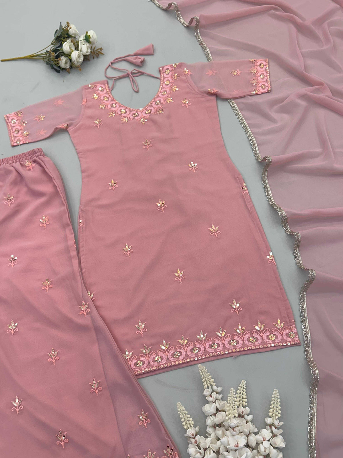 Faux Georgette Sharara Salwar Suit in Light Pink