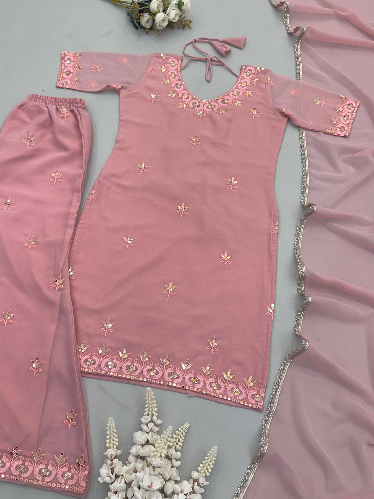 Faux Georgette Sharara Salwar Suit in Light Pink