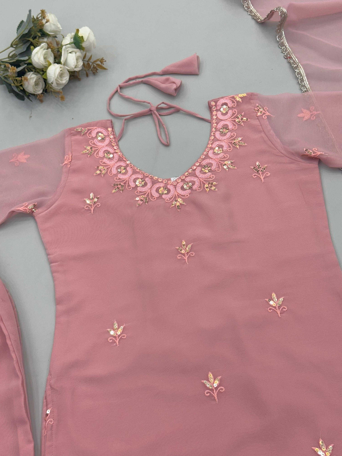 Faux Georgette Sharara Salwar Suit in Light Pink