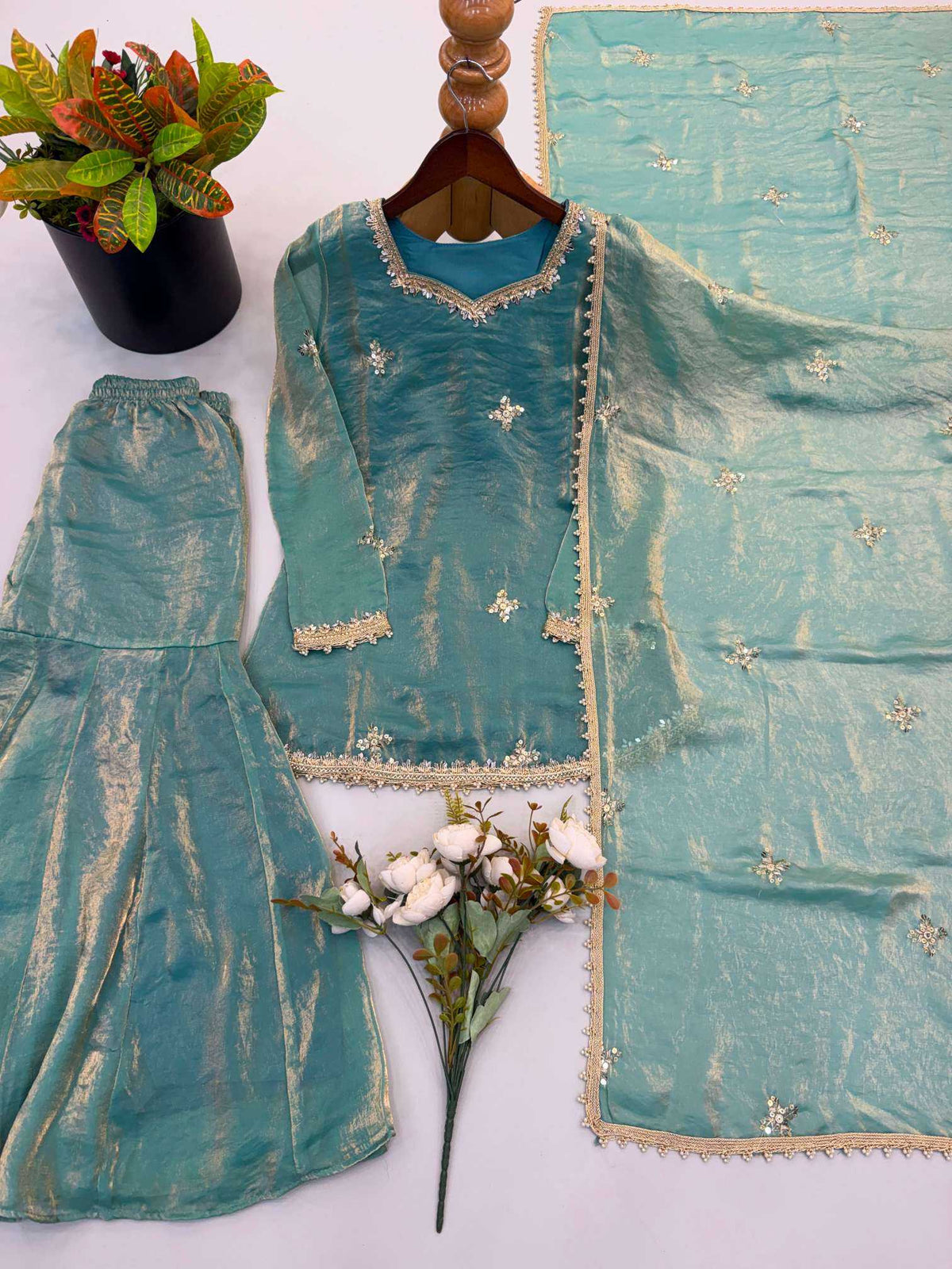 Silk Sharara Salwar Suit in Sky