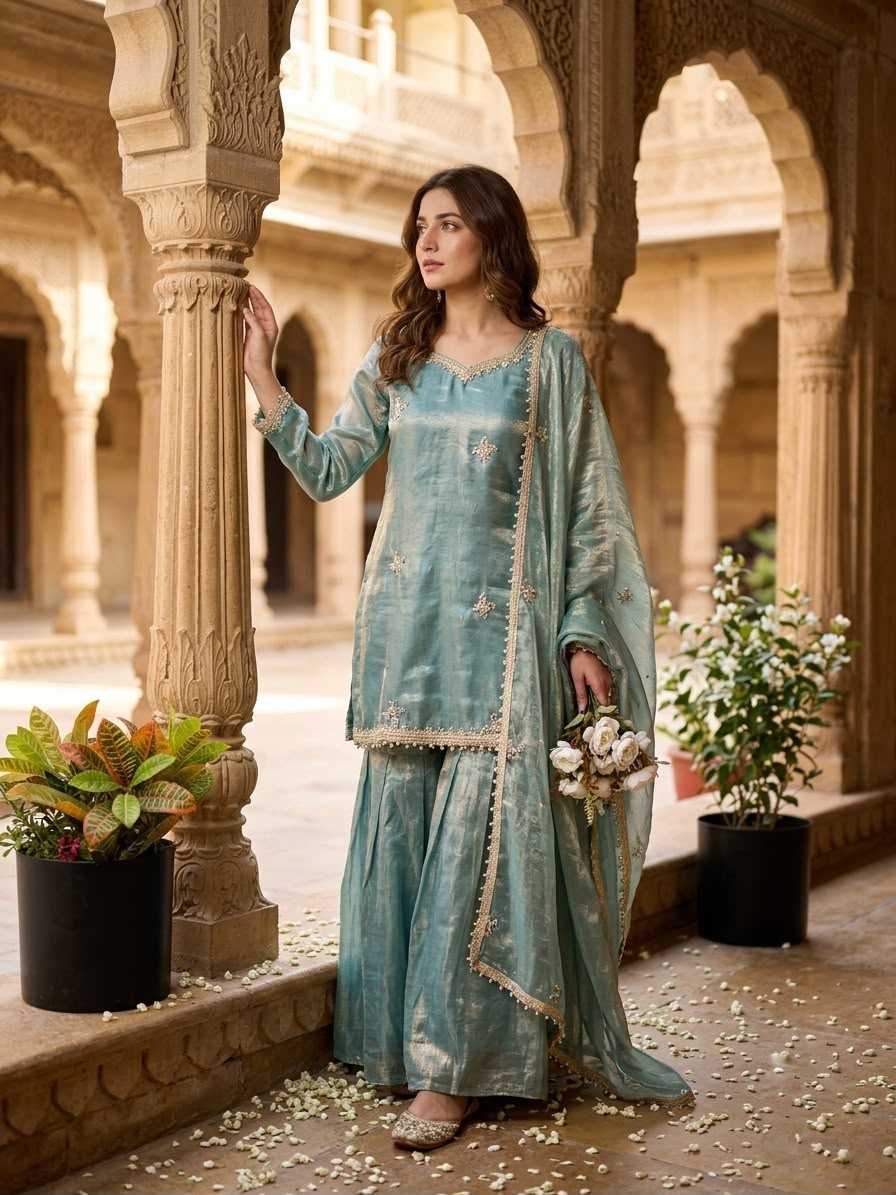 Silk Sharara Salwar Suit in Sky