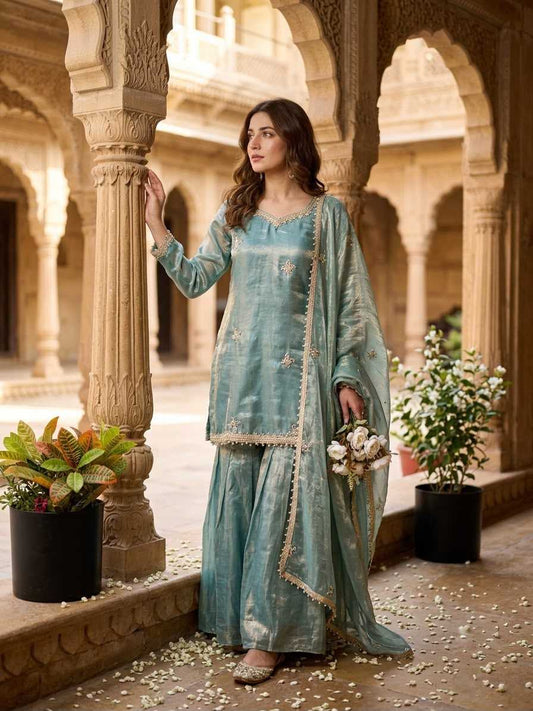 Silk Sharara Salwar Suit in Sky