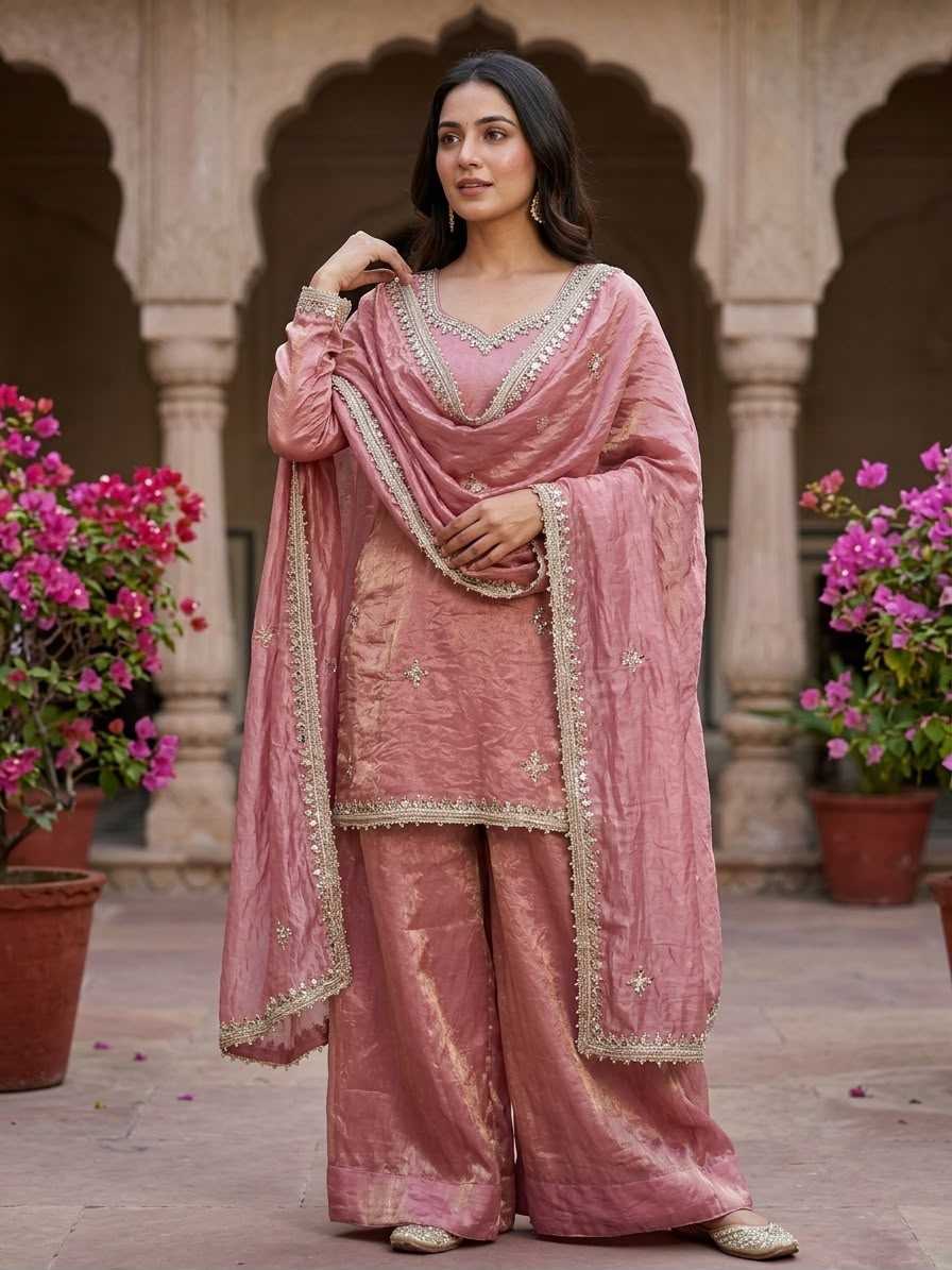 Silk Sharara Salwar Suit in Sky