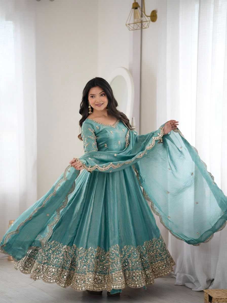 Silk Embroidery Gown in Sky