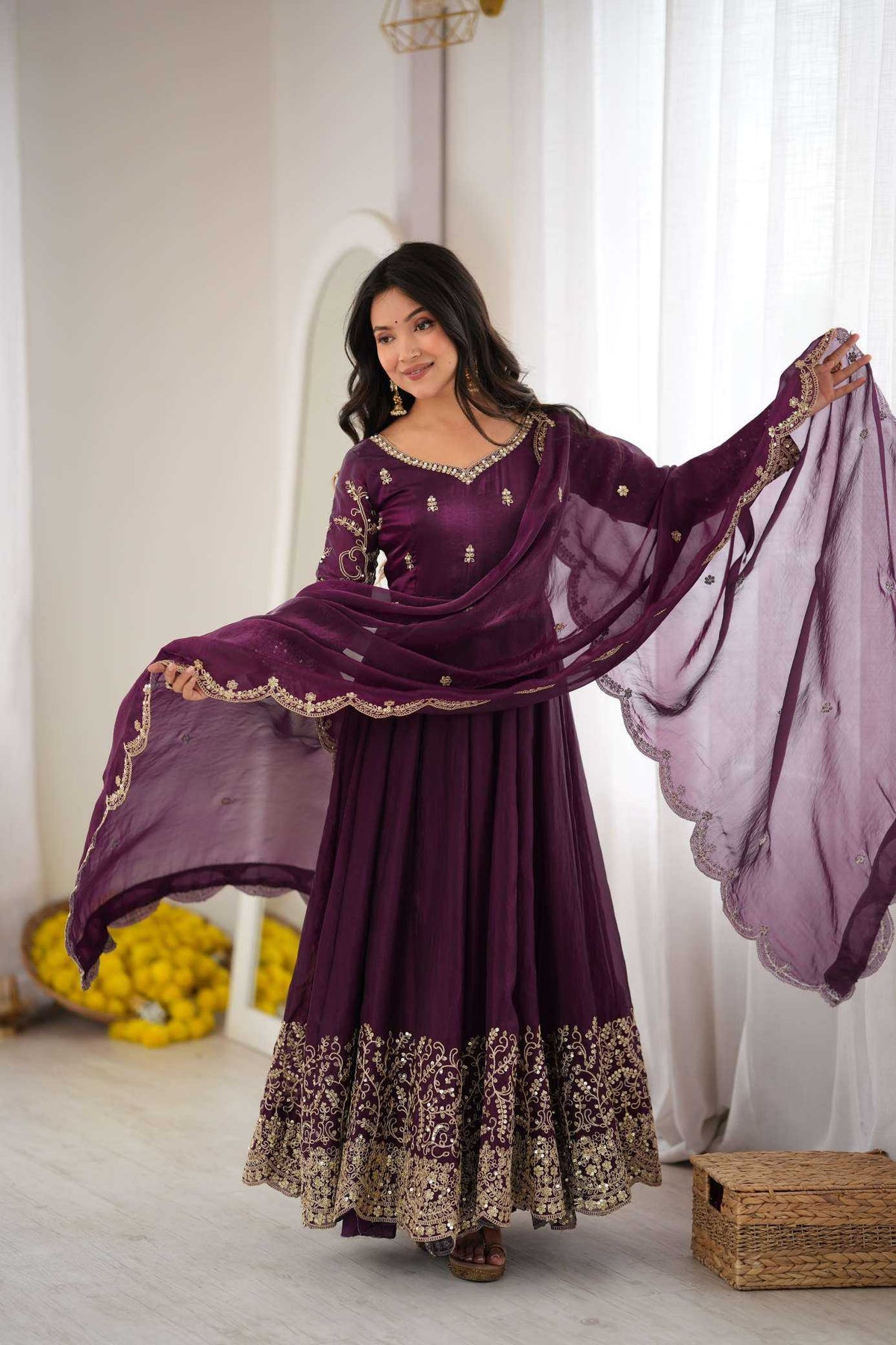 Silk Embroidery Gown in Sky