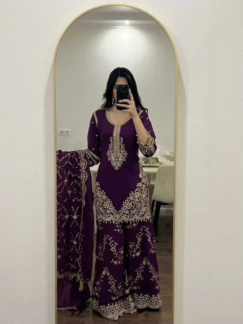 Faux Georgette Embroidery Suit in Purple