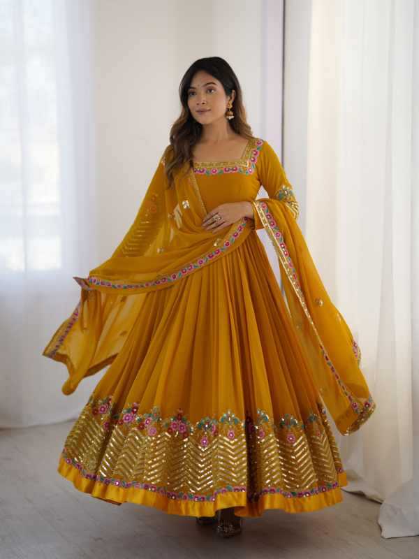 Georgette Embroidery Gown in Rani