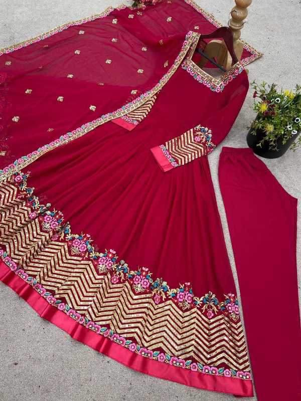 Georgette Embroidery Gown in Rani
