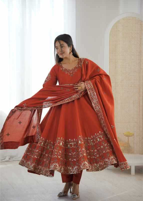 Heavy Roman Silk Anarkali Gown in Orange
