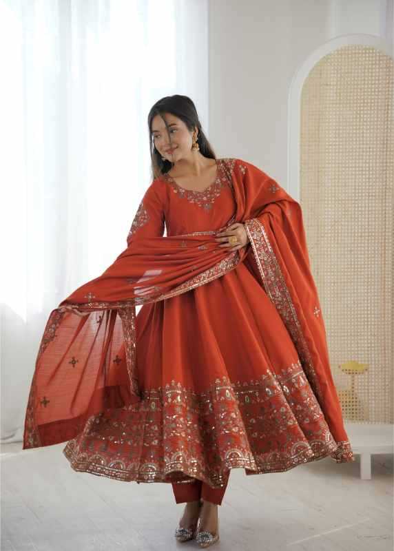 Heavy Roman Silk Anarkali Gown in Orange