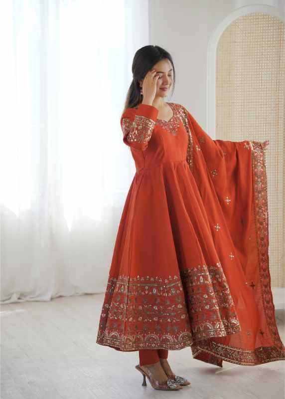 Heavy Roman Silk Anarkali Gown in Orange