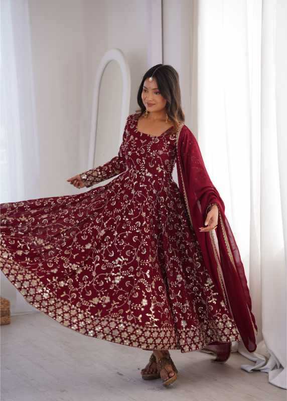Faux Georgette Fancy Gown in Maroon