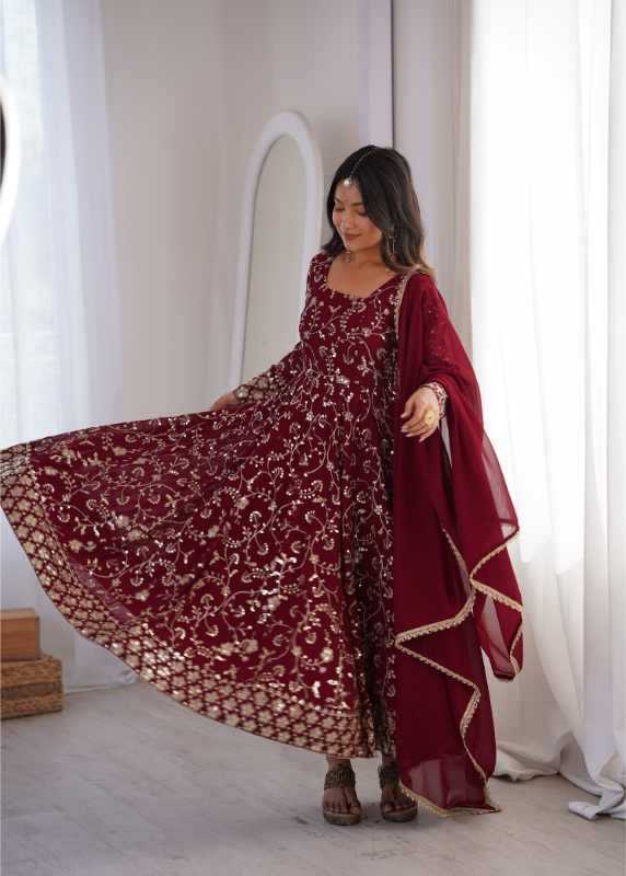 Faux Georgette Fancy Gown in Maroon