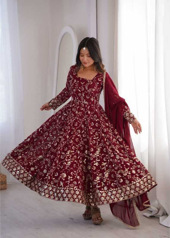 Faux Georgette Fancy Gown in Maroon