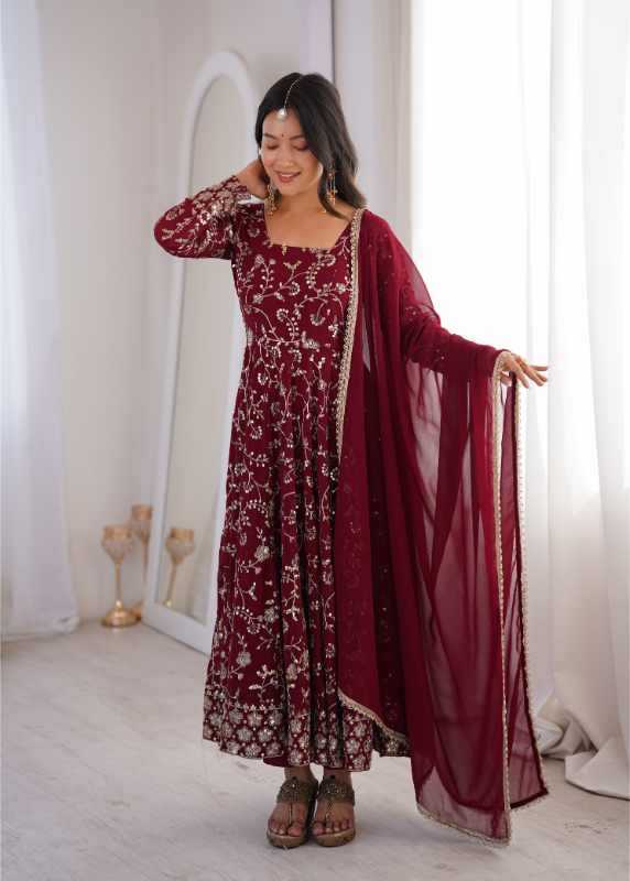 Faux Georgette Fancy Gown in Maroon