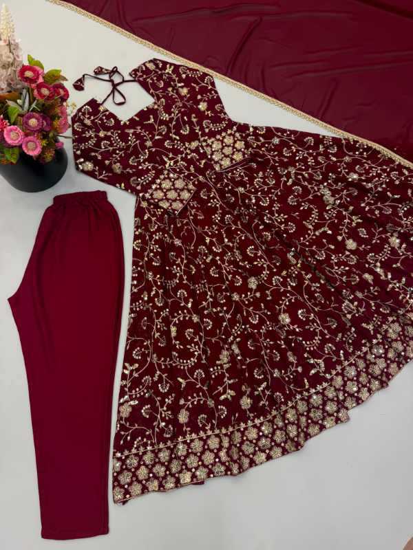 Faux Georgette Fancy Gown in Maroon