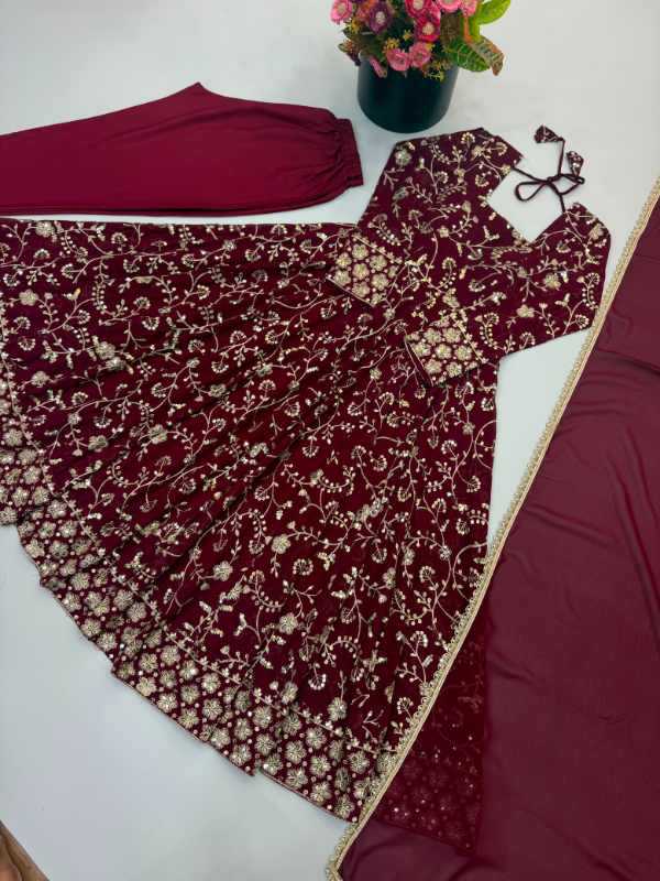 Faux Georgette Fancy Gown in Maroon