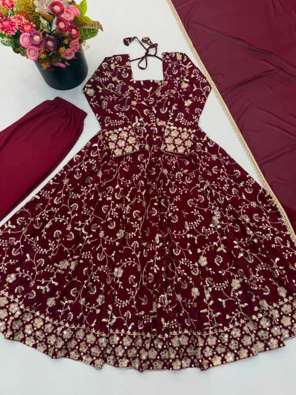 Faux Georgette Fancy Gown in Maroon