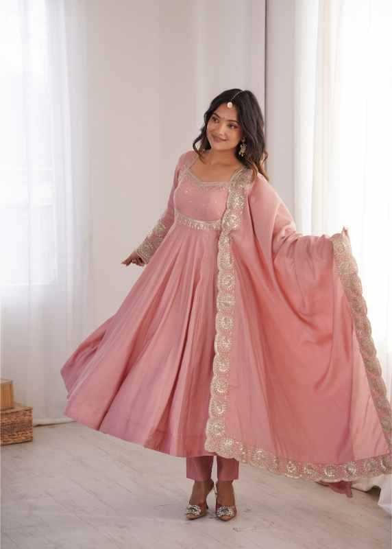 Heavy Roman Silk Embroidery Gown in Pink