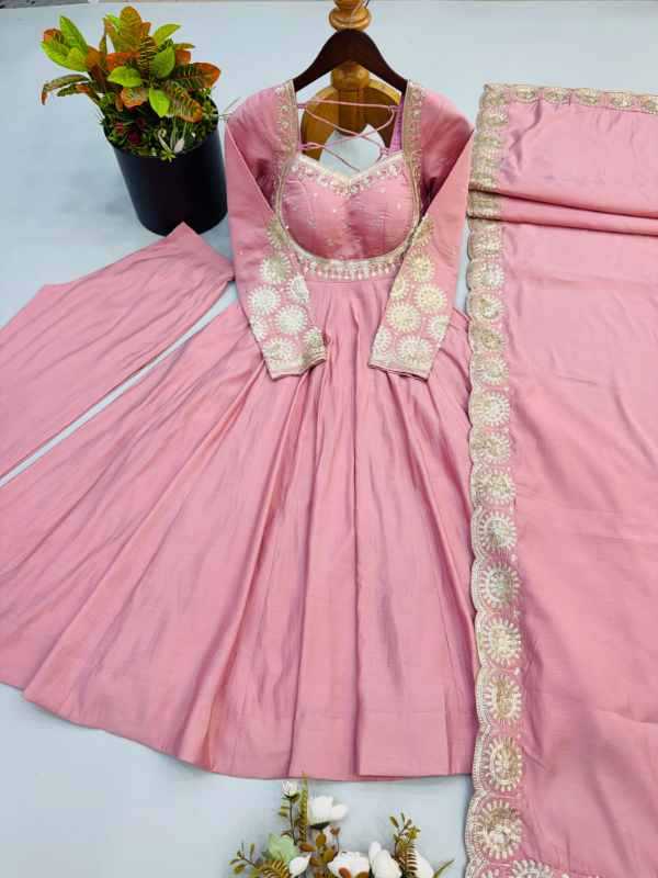 Heavy Roman Silk Embroidery Gown in Pink